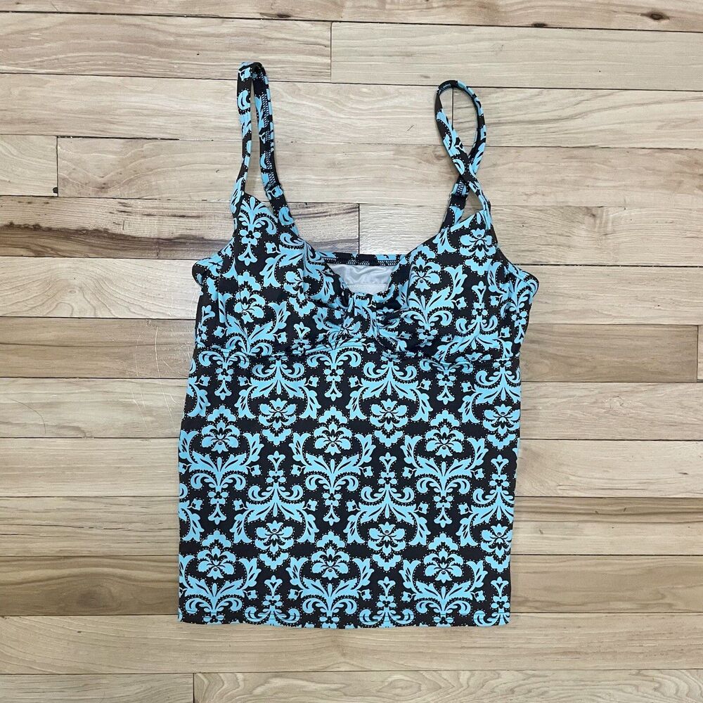 Lands End Tankini Swimsuit Top Size 4 Built In Cups Blue Brown Damask Floral